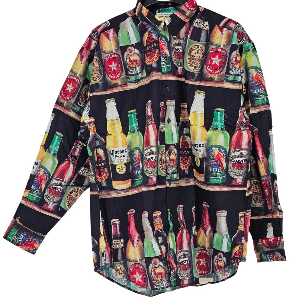 Vintage 90s Norm Thompson Barry Bricken Beer Bottle AOP Shirt L NOS Deadstock